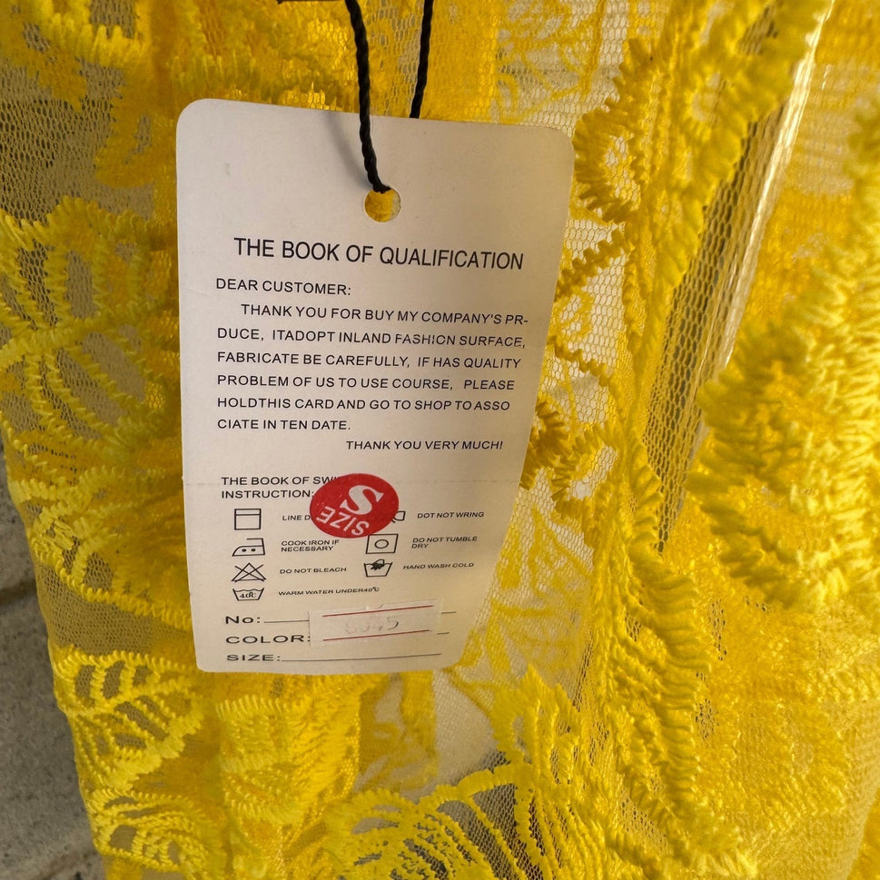 Onayaya Yellow Floral Guipure Lace Open Back Bodycon Feminine Midi Dress S NEW