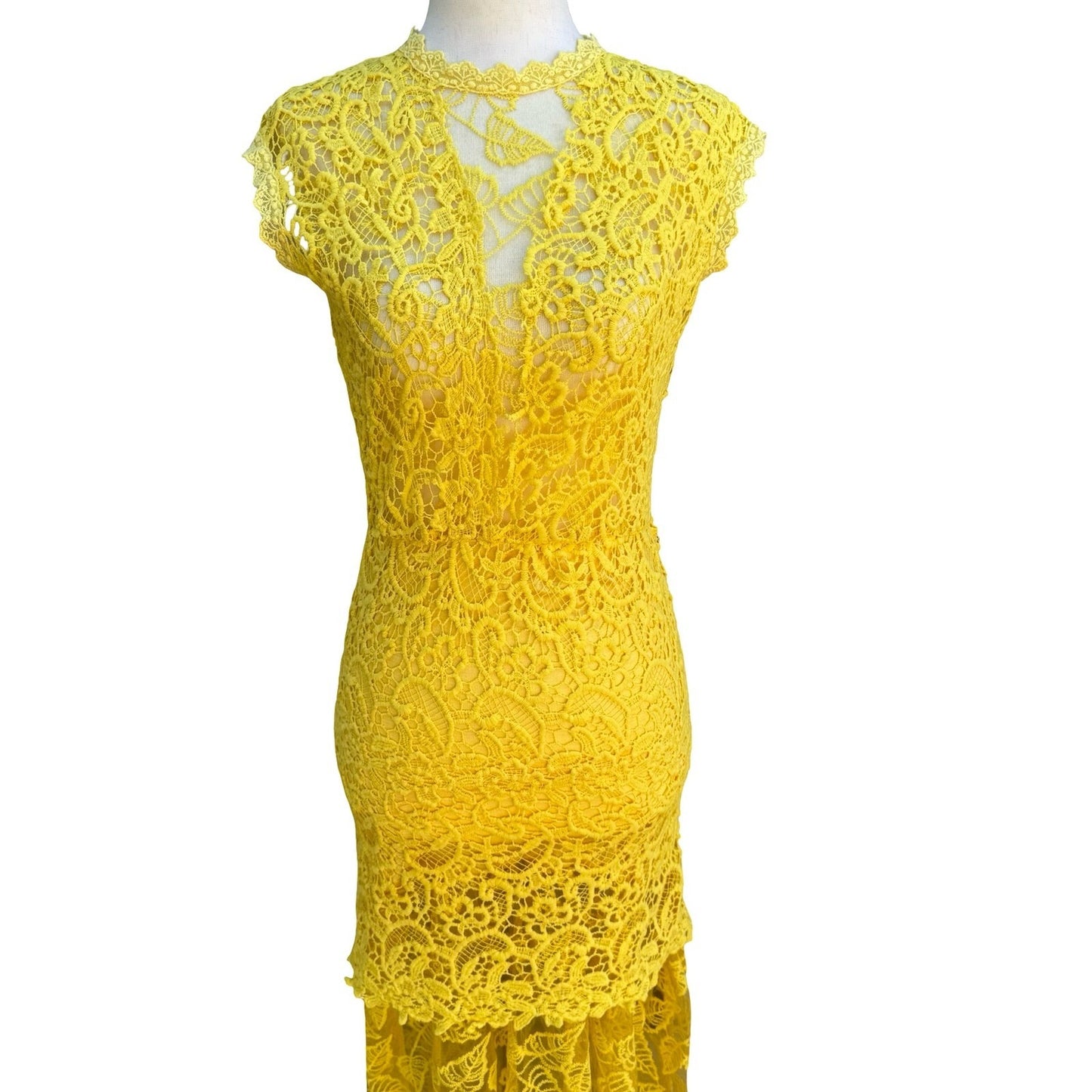 Onayaya Yellow Floral Guipure Lace Open Back Bodycon Feminine Midi Dress S NEW