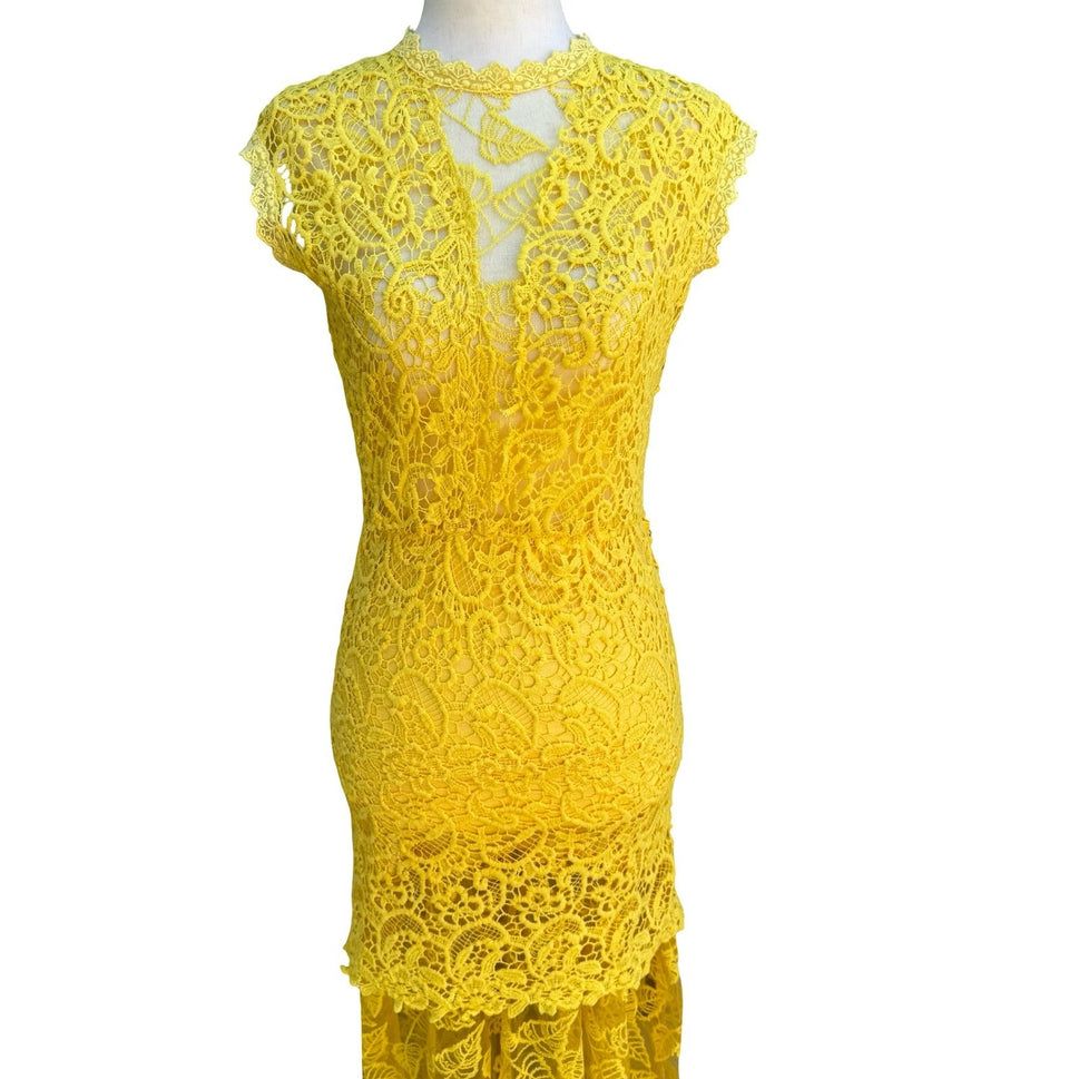 Onayaya Yellow Floral Guipure Lace Open Back Bodycon Feminine Midi Dress S NEW