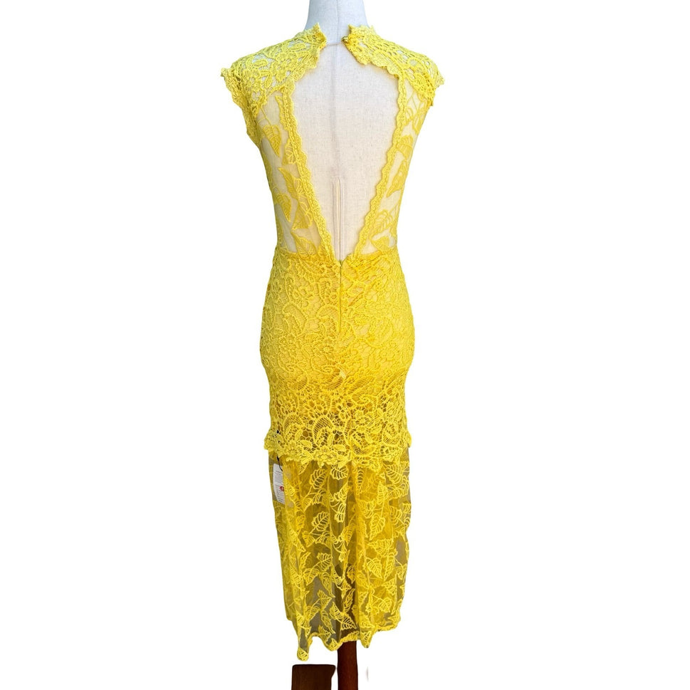 Onayaya Yellow Floral Guipure Lace Open Back Bodycon Feminine Midi Dress S NEW