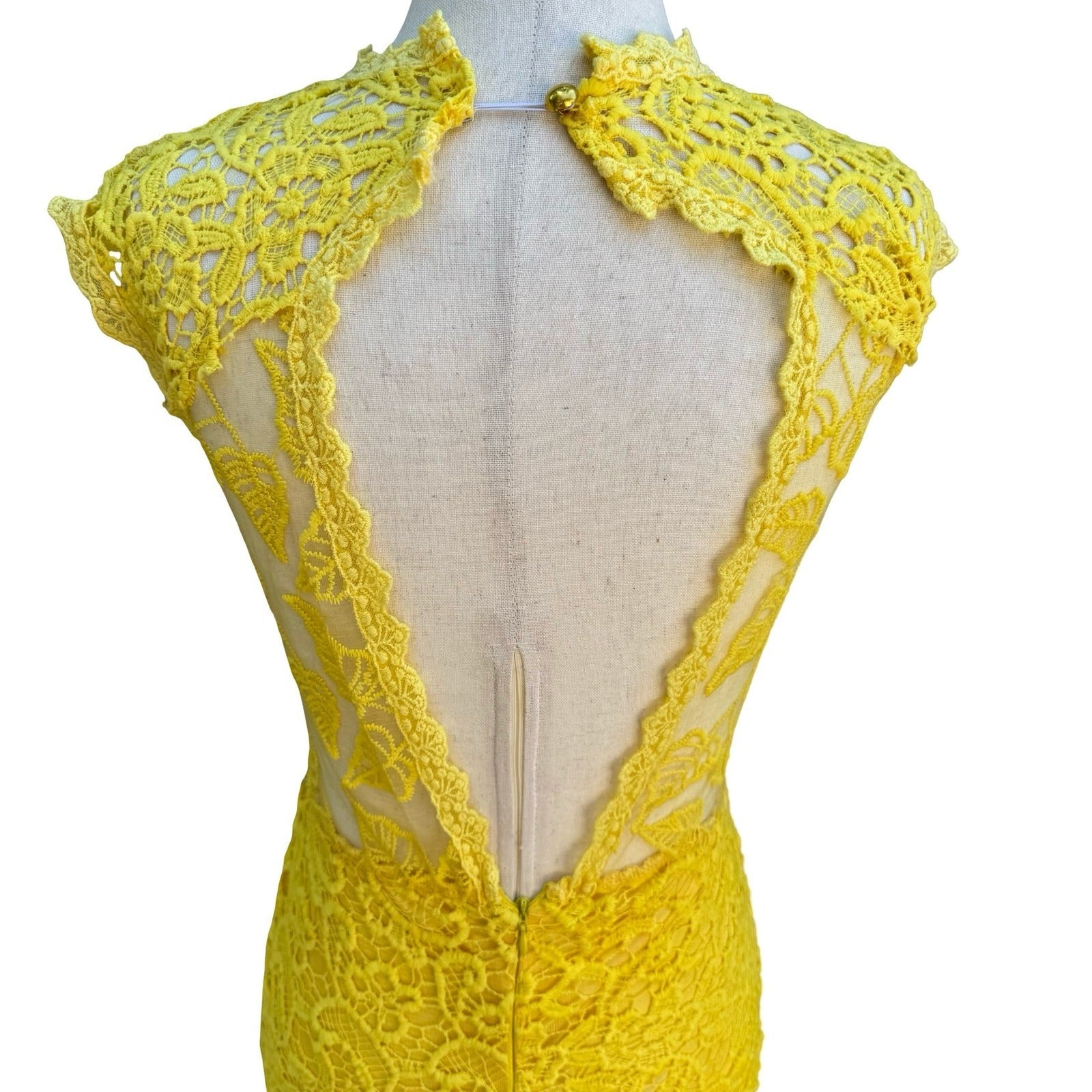 Onayaya Yellow Floral Guipure Lace Open Back Bodycon Feminine Midi Dress S NEW