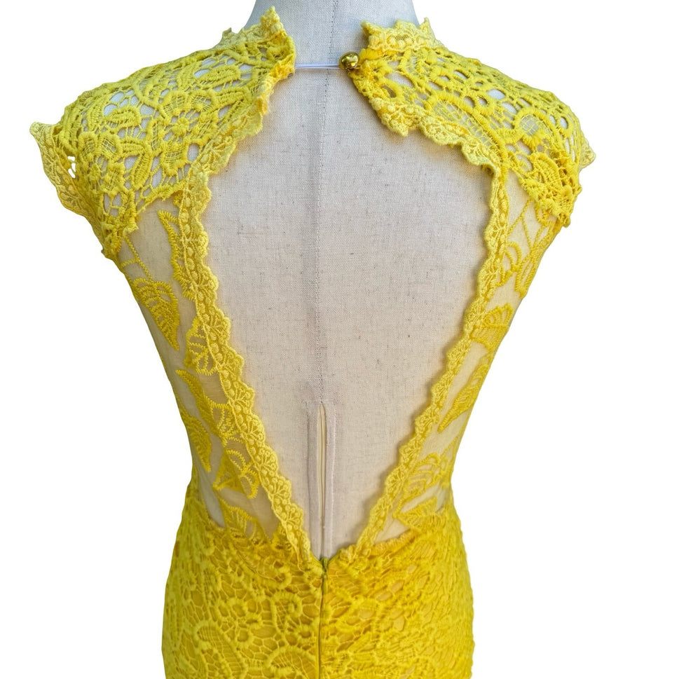 Onayaya Yellow Floral Guipure Lace Open Back Bodycon Feminine Midi Dress S NEW