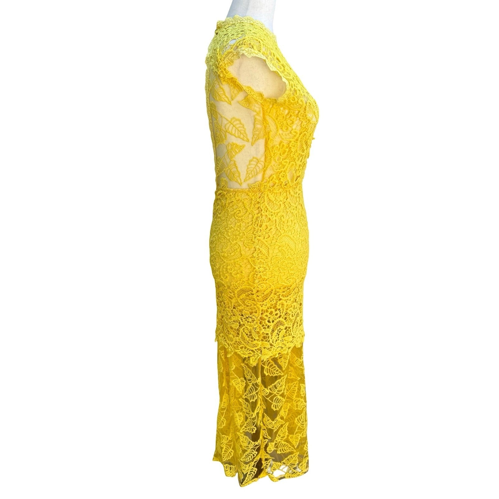 Onayaya Yellow Floral Guipure Lace Open Back Bodycon Feminine Midi Dress S NEW