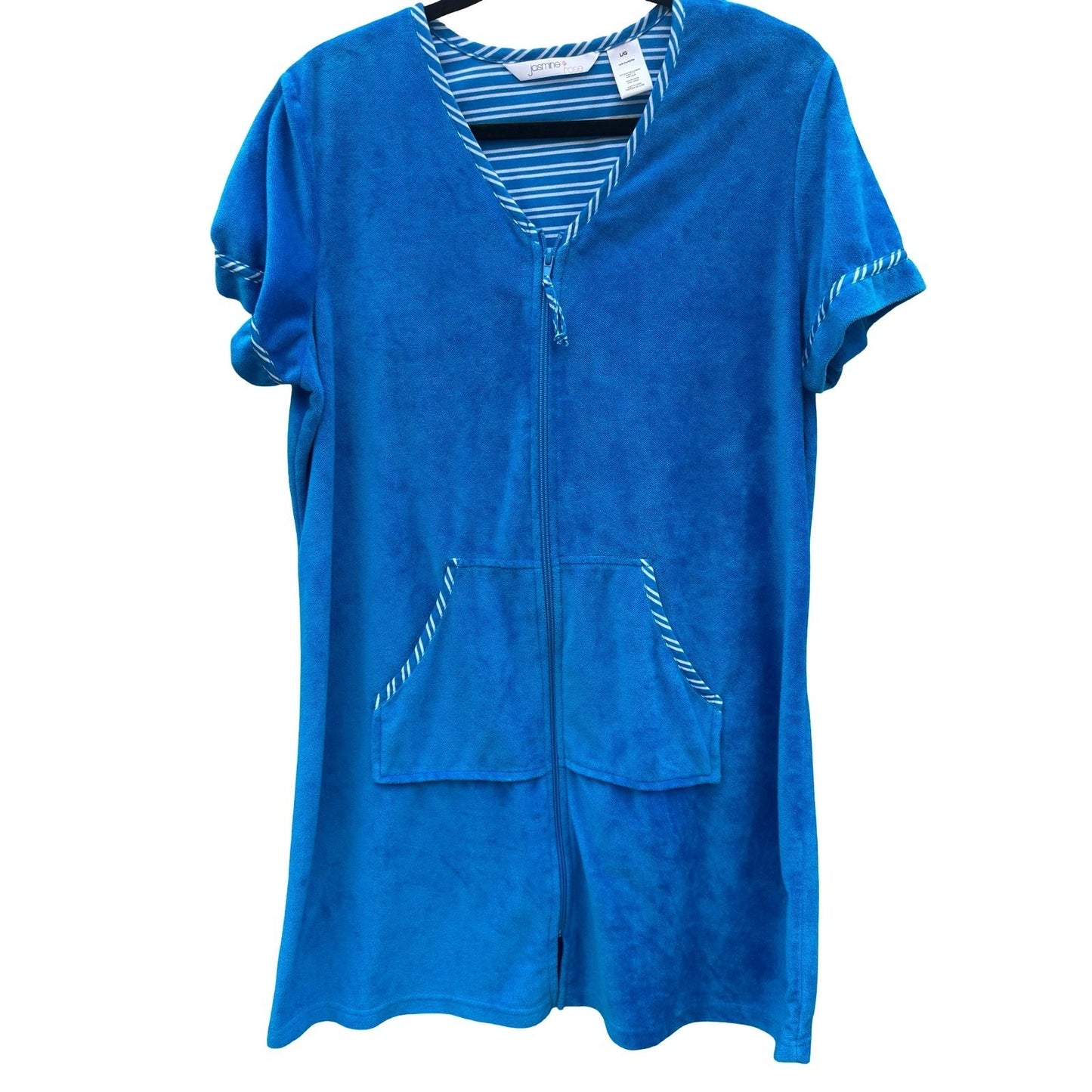 Jasmine Rose Blue Terry Cloth Zip Robe Short Sleeve Housecoat Large Bathrobe