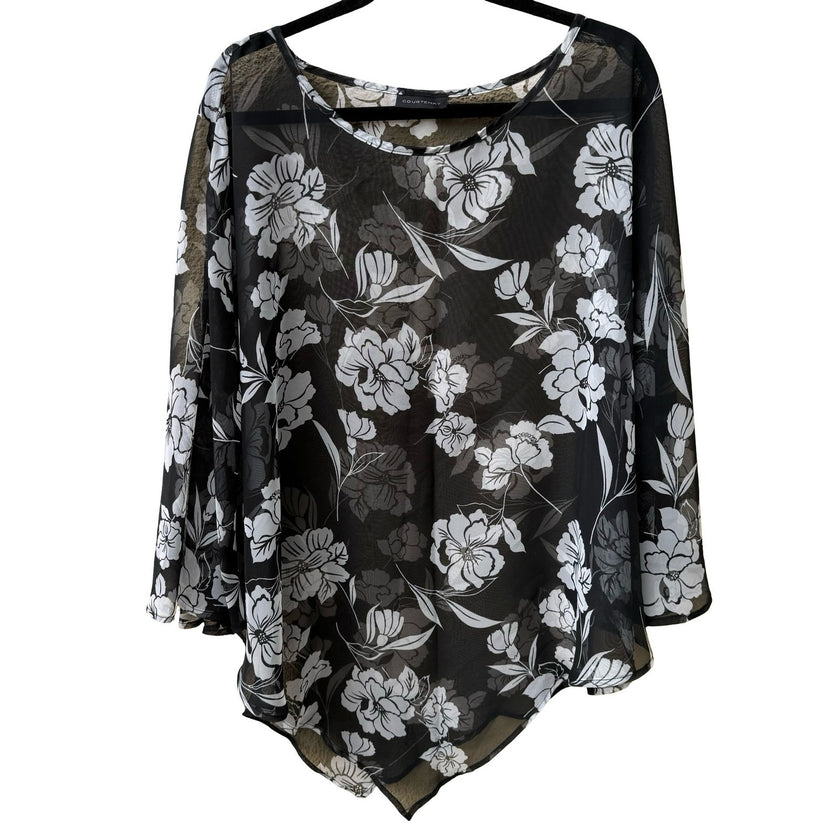 Courtenay Whimsigoth Dark Floral Boho Sheer Mesh Poncho Top Asymmetrical Hem OS