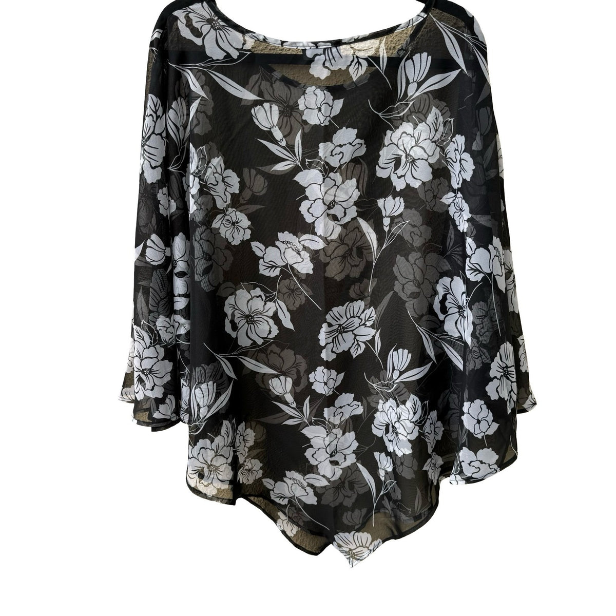 Courtenay Whimsigoth Dark Floral Boho Sheer Mesh Poncho Top Asymmetrical Hem OS