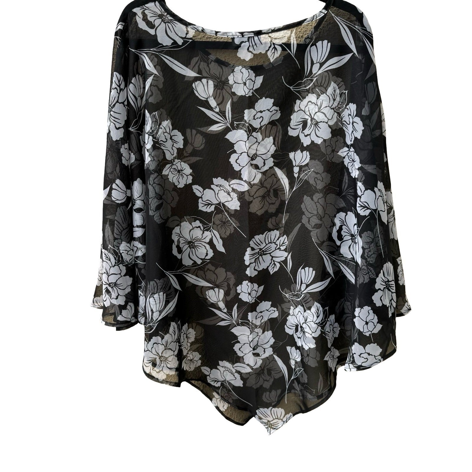 Courtenay Whimsigoth Dark Floral Boho Sheer Mesh Poncho Top Asymmetrical Hem OS