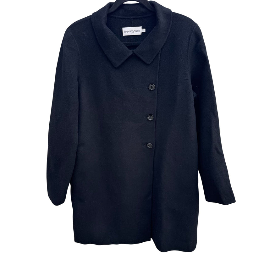 Bloomingdales Vintage Black Wool Cashmere Blend Womens Coat Peter Pan Collar 16