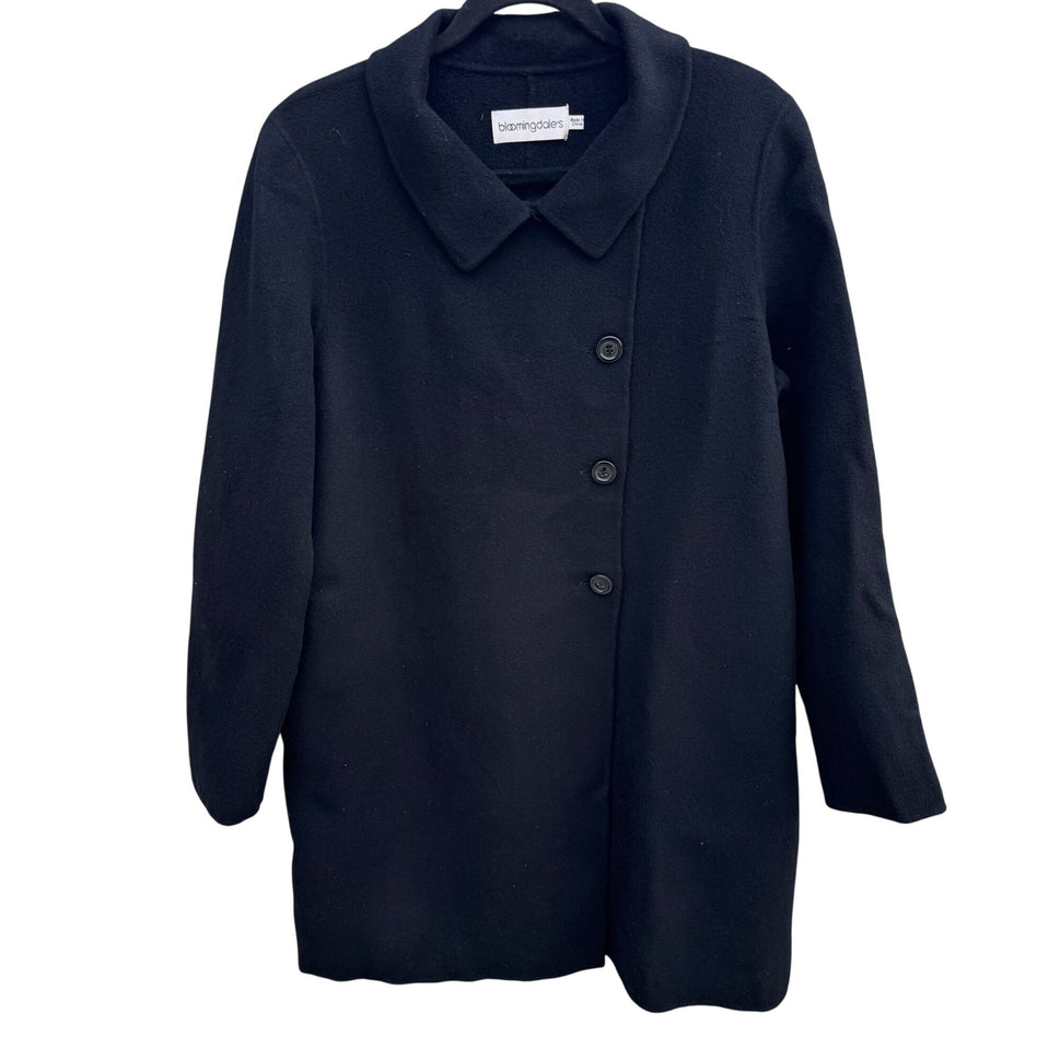 Bloomingdales Vintage Black Wool Cashmere Blend Womens Coat Peter Pan Collar 16