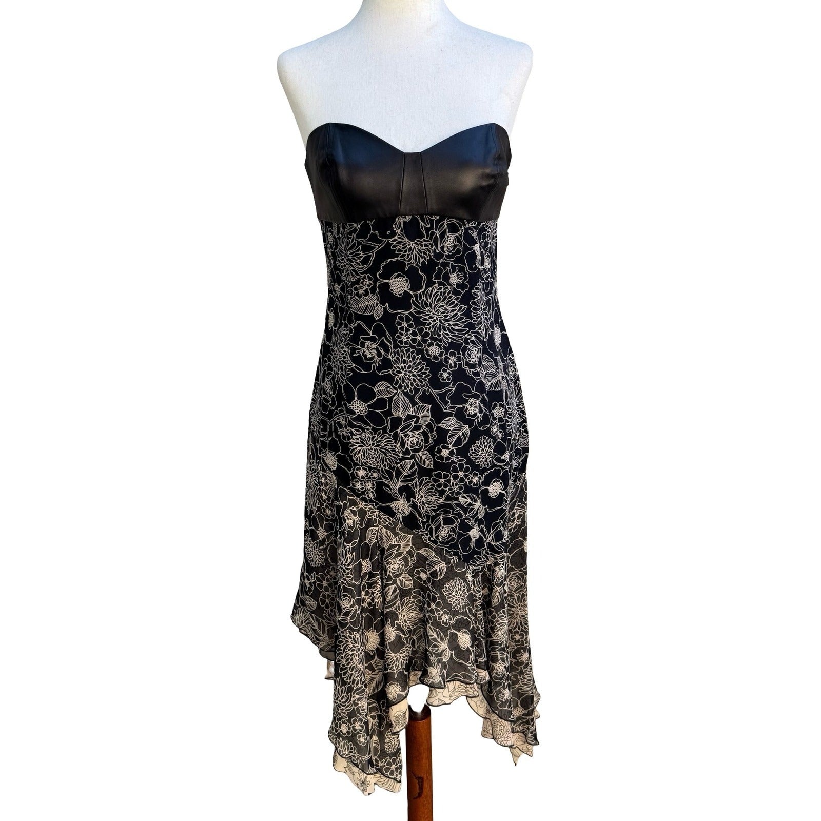Derek Green Y2K Strapless Leather Silk Whimsigoth Floral Asymmetric Midi Dress