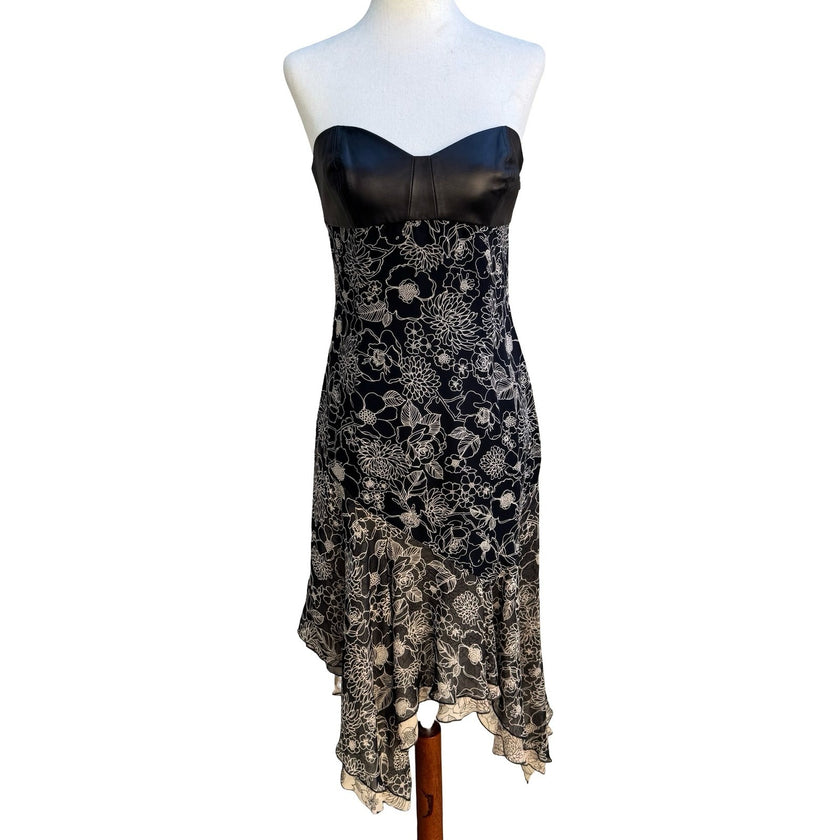 Derek Green Y2K Strapless Leather Silk Whimsigoth Floral Asymmetric Midi Dress