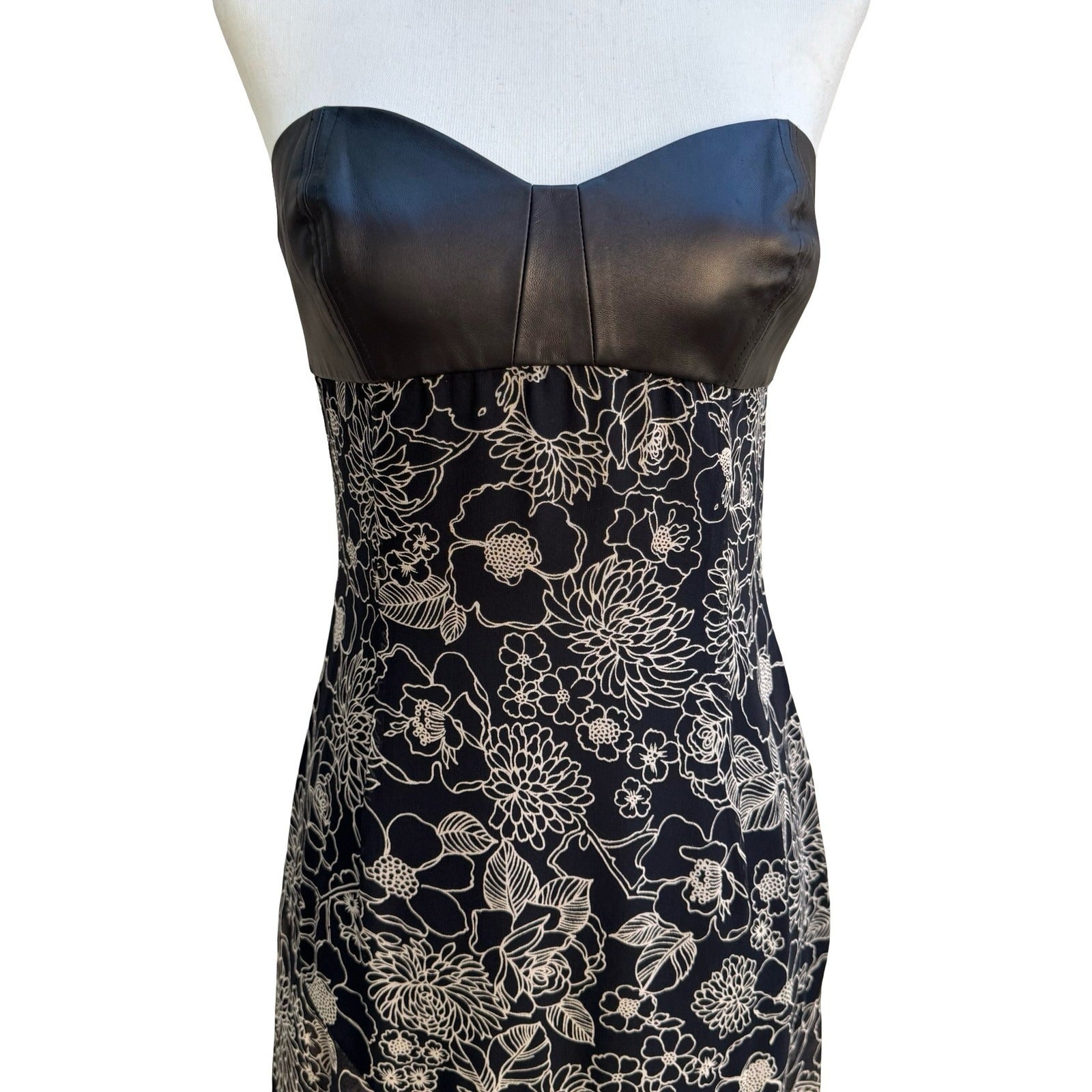 Derek Green Y2K Strapless Leather Silk Whimsigoth Floral Asymmetric Midi Dress