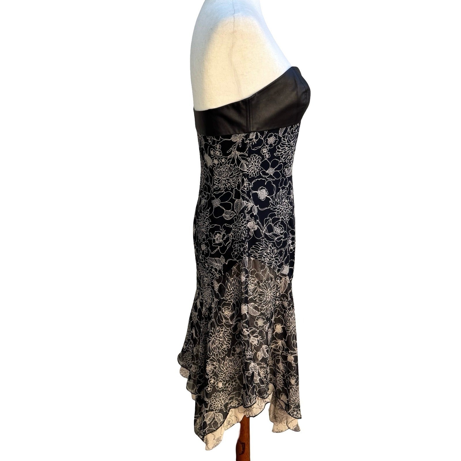 Derek Green Y2K Strapless Leather Silk Whimsigoth Floral Asymmetric Midi Dress