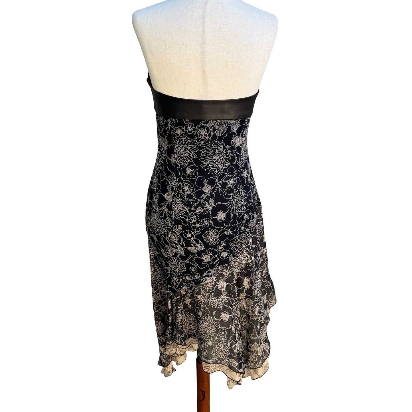 Derek Green Y2K Strapless Leather Silk Whimsigoth Floral Asymmetric Midi Dress
