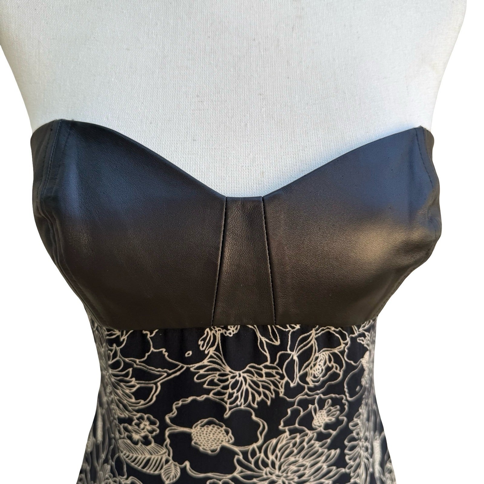 Derek Green Y2K Strapless Leather Silk Whimsigoth Floral Asymmetric Midi Dress