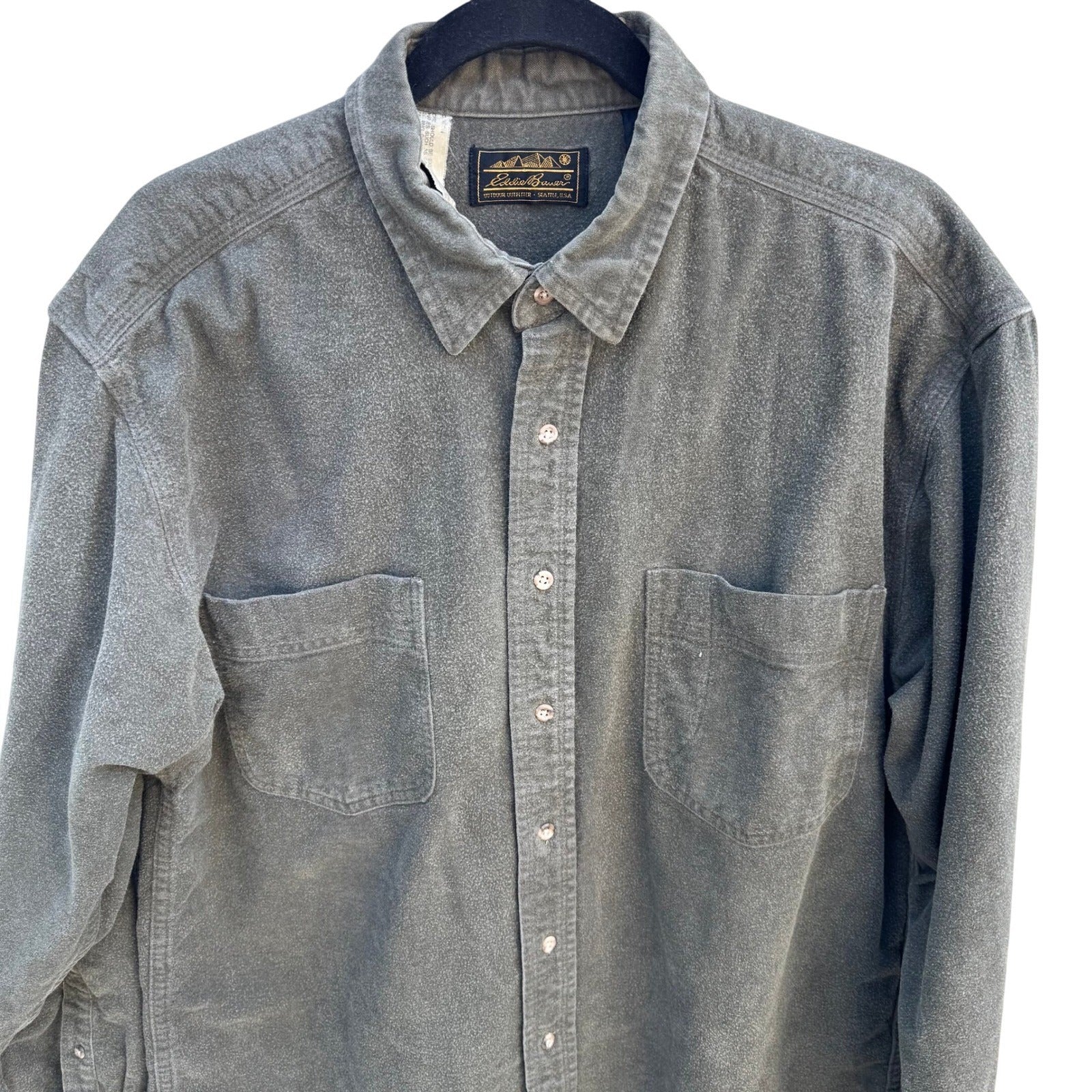 Eddie Bauer Vintage Mens Olive Green Heavy Cotton Chamois Shirt Long Sleeve L