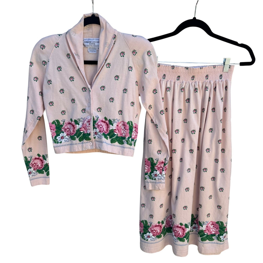Adrienne Vittadini Vintage 80s Pink Floral Rose Cotton Cardigan Midi Skirt Set P