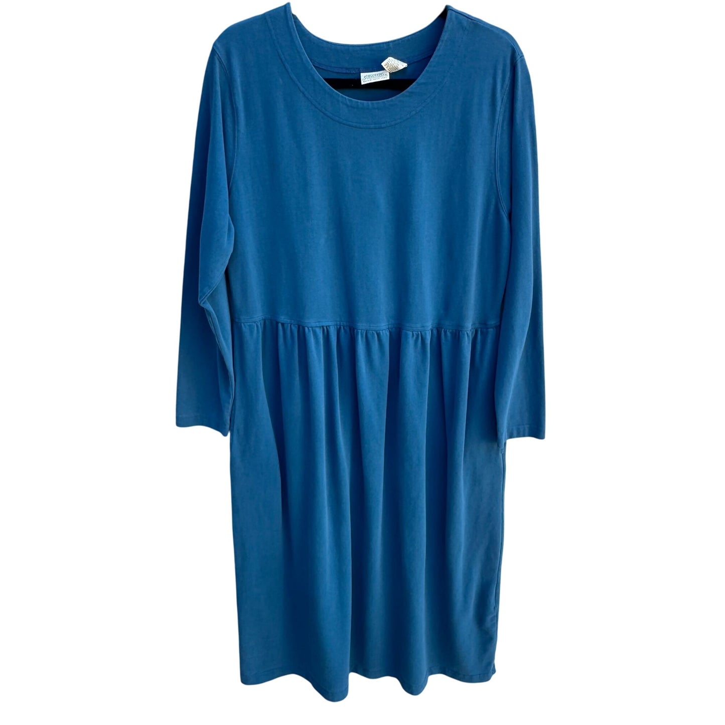 St Johns Bay Vintage Prairie 3/4 Sleeves Empire Waist Blue Pockets Midi Dress 16