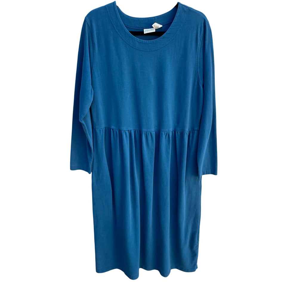 St Johns Bay Vintage Prairie 3/4 Sleeves Empire Waist Blue Pockets Midi Dress 16