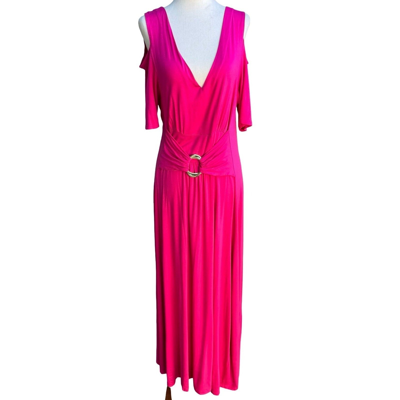 Liz Lange Grecian Resortwear Cold Shoulder Draped Ring Waist Maxi Dress Pink L