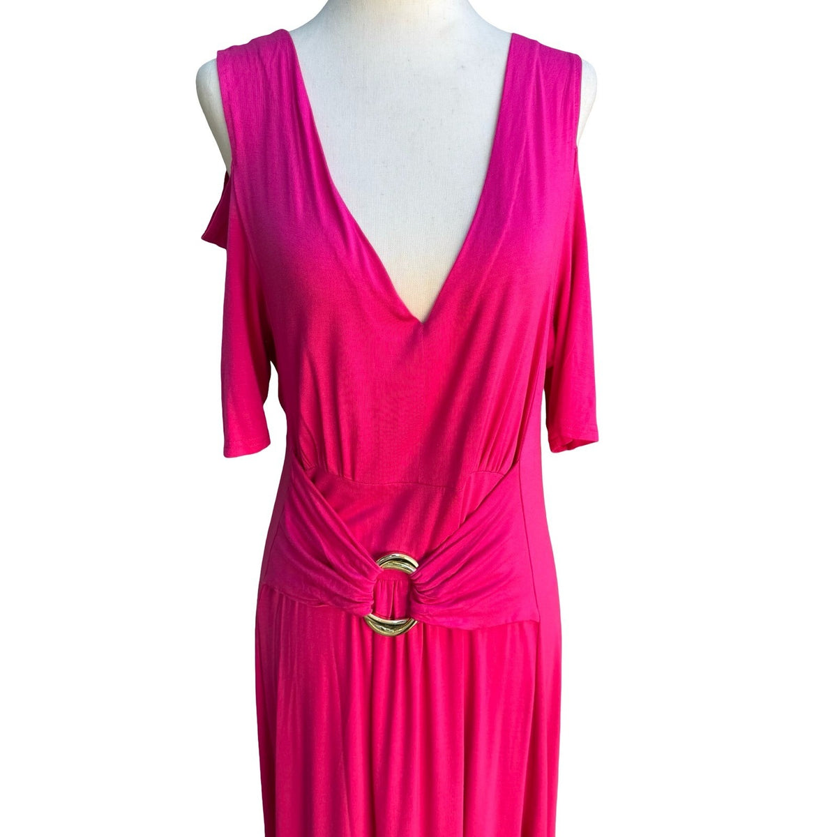 Liz Lange Grecian Resortwear Cold Shoulder Draped Ring Waist Maxi Dress Pink L
