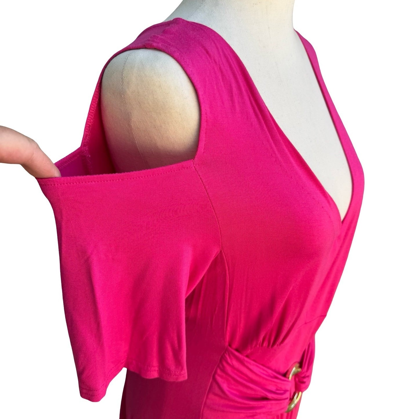 Liz Lange Grecian Resortwear Cold Shoulder Draped Ring Waist Maxi Dress Pink L
