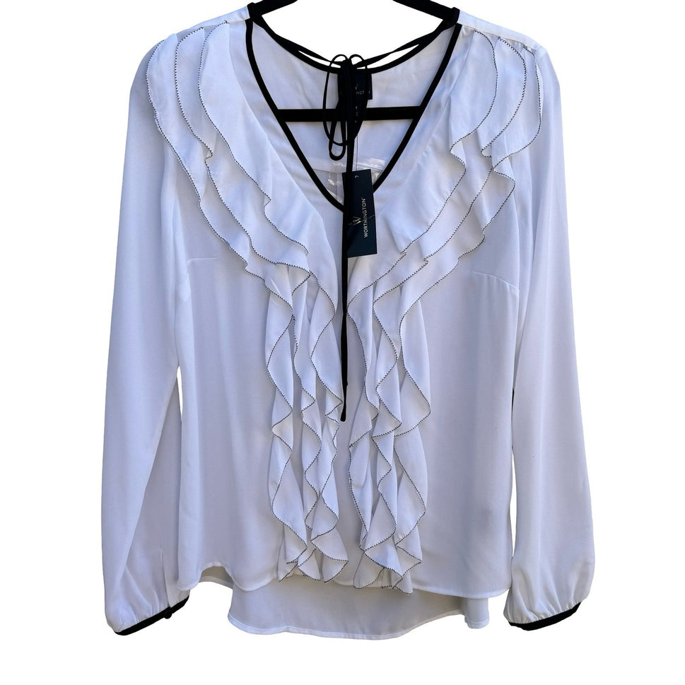 Worthington Coquette Ruffled Romantic Minimalist V-Neck Tie Chiffon Blouse M NWT