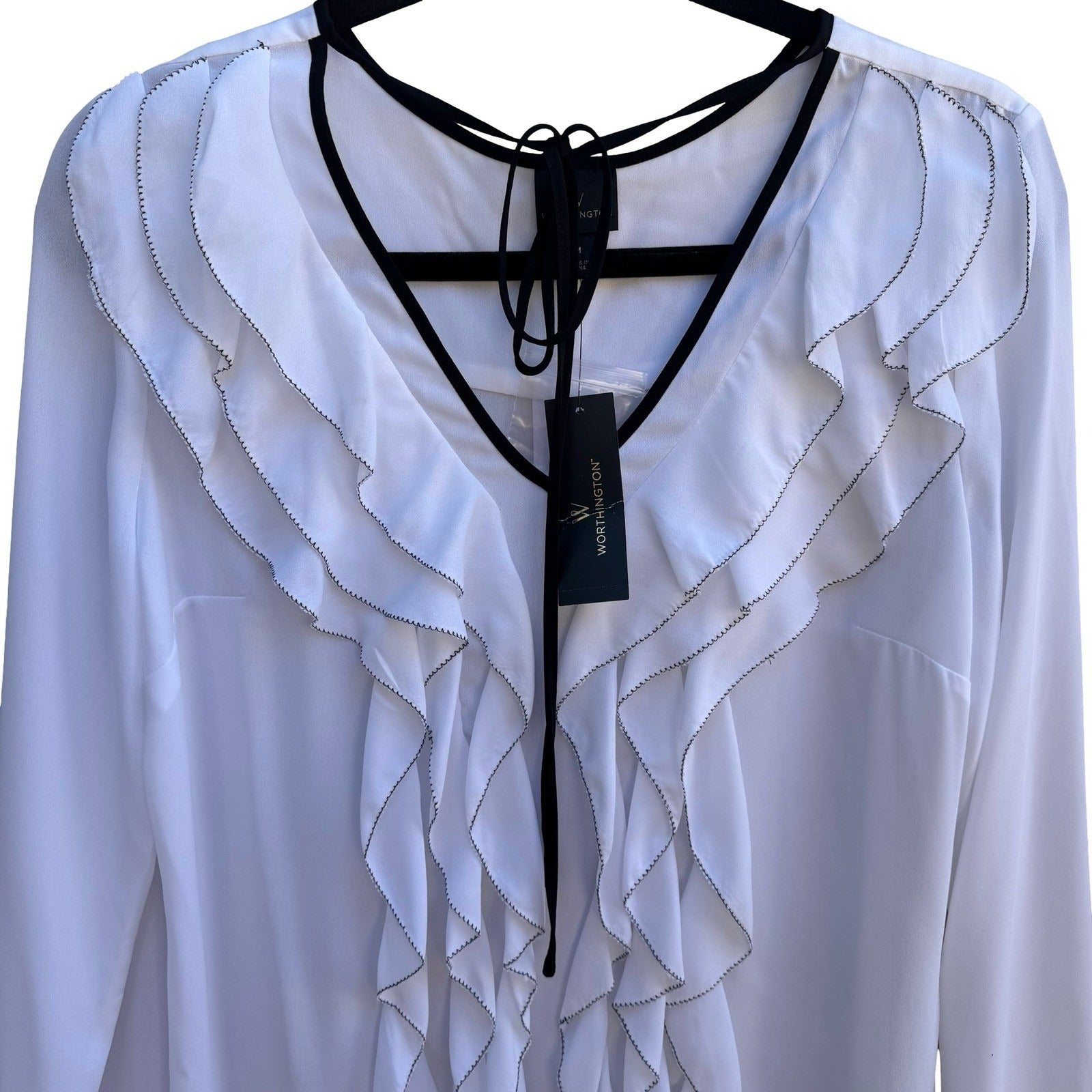 Worthington Coquette Ruffled Romantic Minimalist V-Neck Tie Chiffon Blouse M NWT