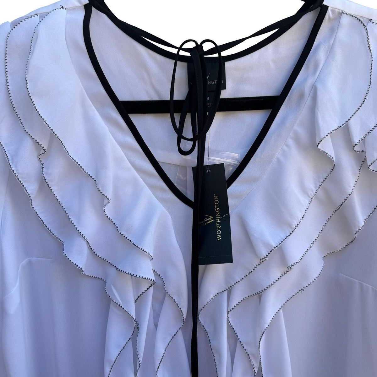 Worthington Coquette Ruffled Romantic Minimalist V-Neck Tie Chiffon Blouse M NWT