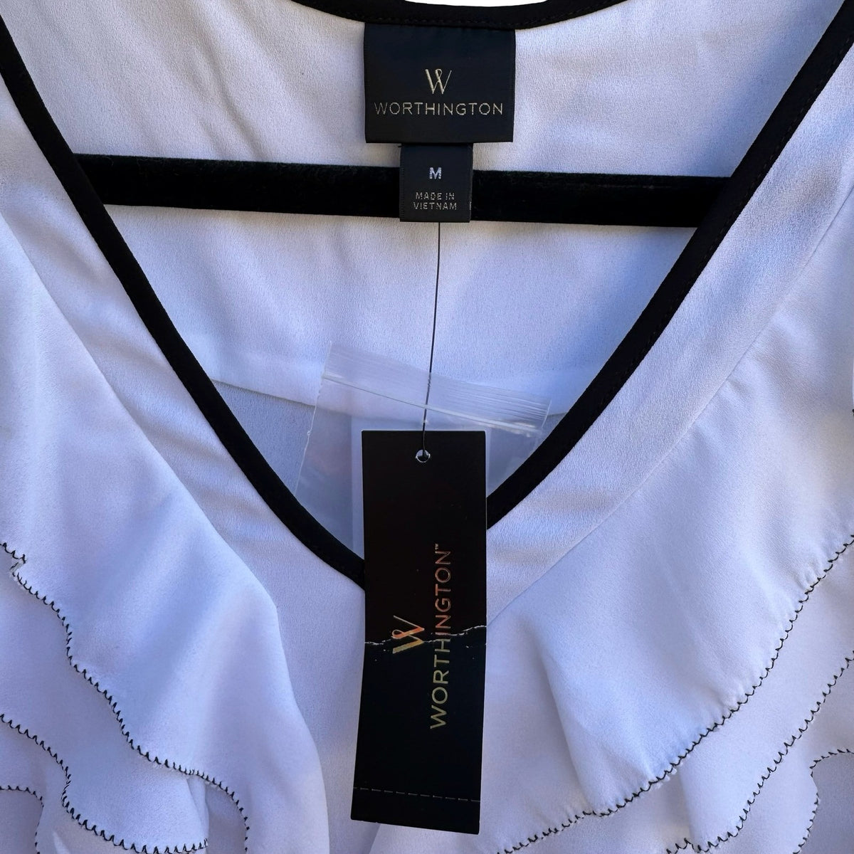 Worthington Coquette Ruffled Romantic Minimalist V-Neck Tie Chiffon Blouse M NWT