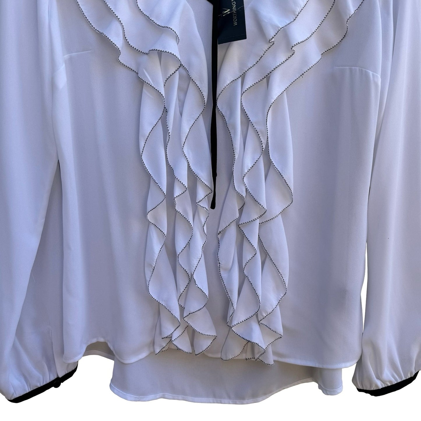 Worthington Coquette Ruffled Romantic Minimalist V-Neck Tie Chiffon Blouse M NWT