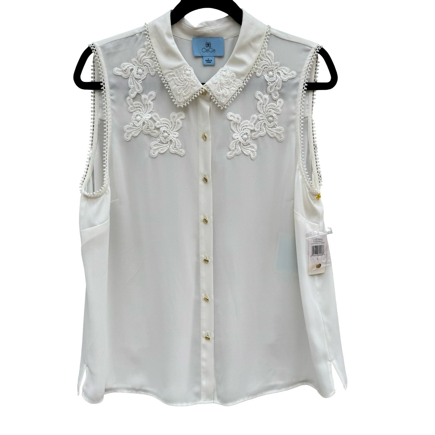 CeCe Spice Market Sleeveless Lace Trim Blouse Lt Cream Gold Buttons Large NEW