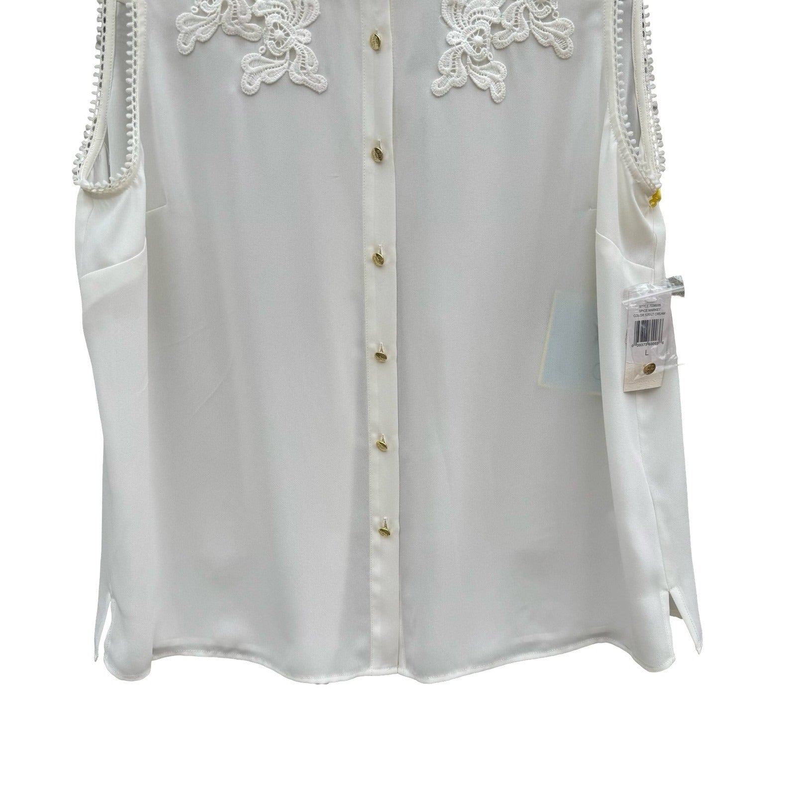 CeCe Spice Market Sleeveless Lace Trim Blouse Lt Cream Gold Buttons Large NEW