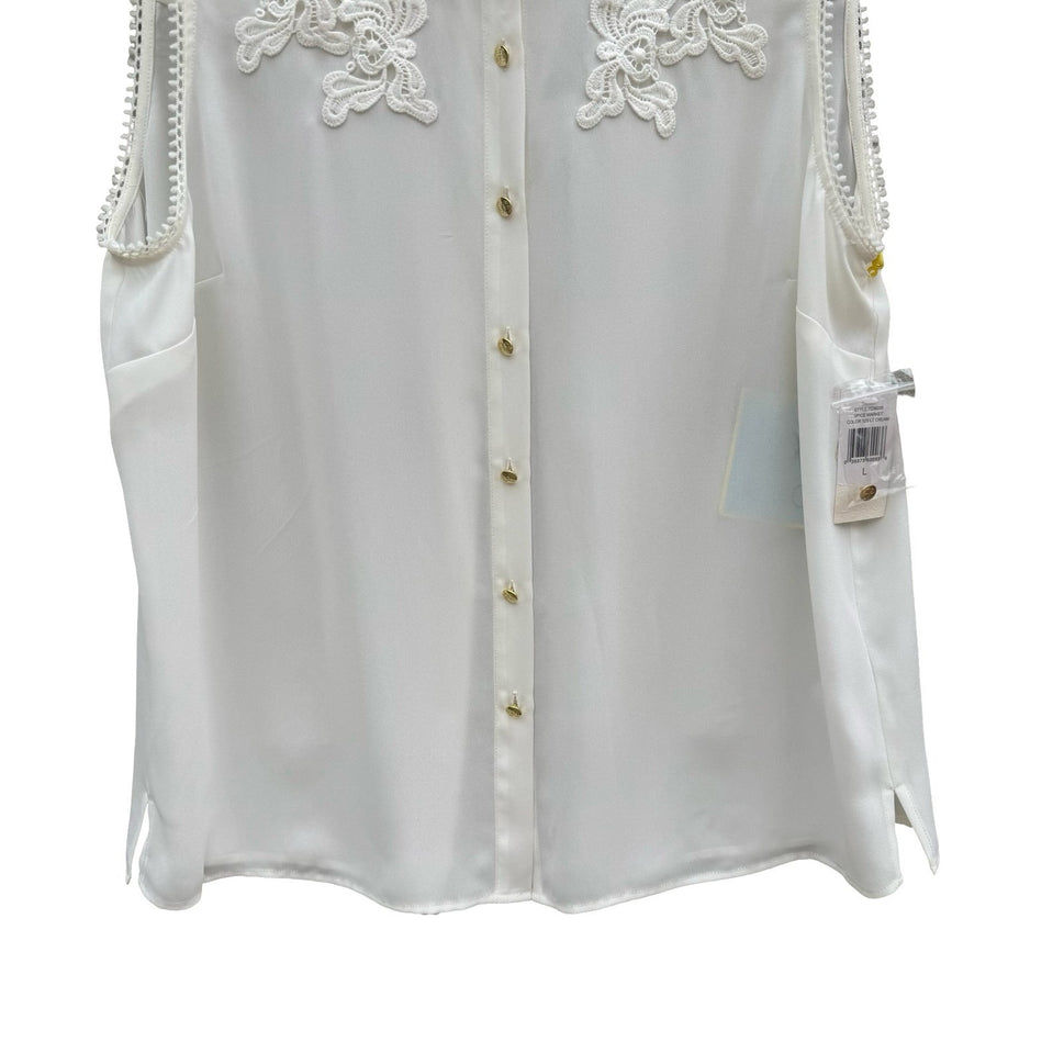 CeCe Spice Market Sleeveless Lace Trim Blouse Lt Cream Gold Buttons Large NEW