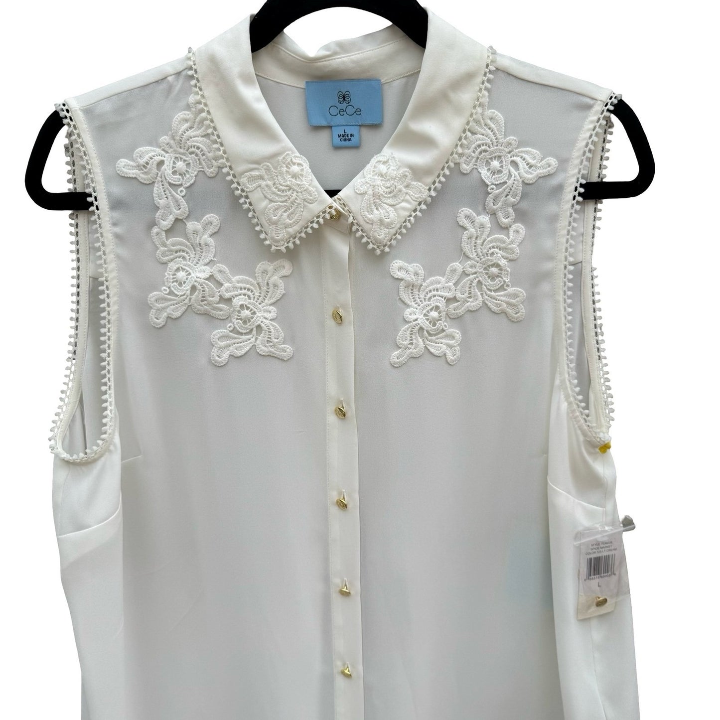 CeCe Spice Market Sleeveless Lace Trim Blouse Lt Cream Gold Buttons Large NEW