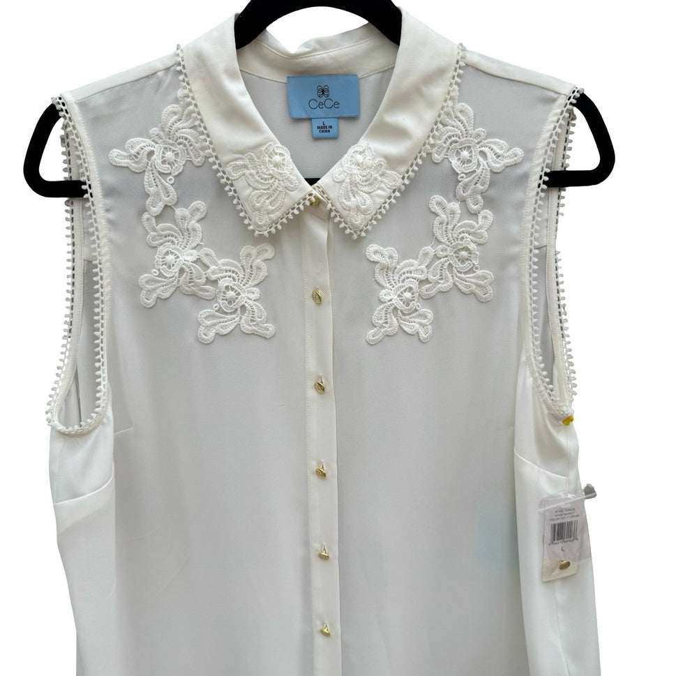 CeCe Spice Market Sleeveless Lace Trim Blouse Lt Cream Gold Buttons Large NEW
