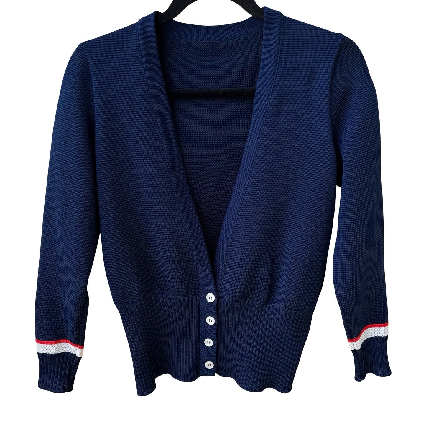 Vintage 90s Navy Nautical Collegiate Knitwear Cropped Cardigan Sweater Preppy