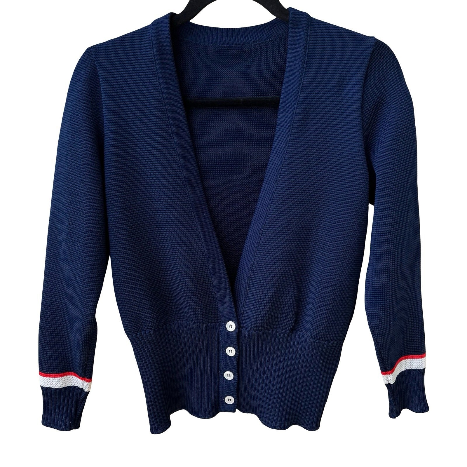 Vintage 90s Navy Nautical Collegiate Knitwear Cropped Cardigan Sweater Preppy