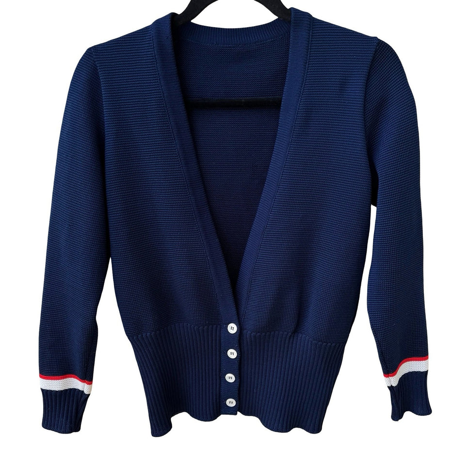 Vintage 90s Navy Nautical Collegiate Knitwear Cropped Cardigan Sweater Preppy