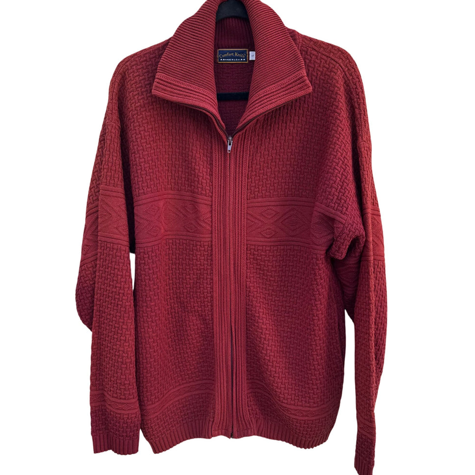 Comfort Knits Mens Red Full-Zip Basketweave Pattern Grandpa Cardigan Sweater L