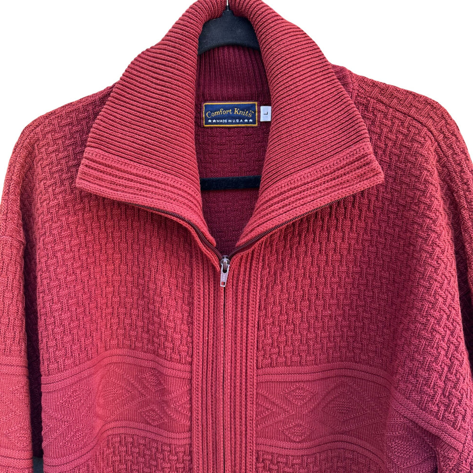 Comfort Knits Mens Red Full-Zip Basketweave Pattern Grandpa Cardigan Sweater L