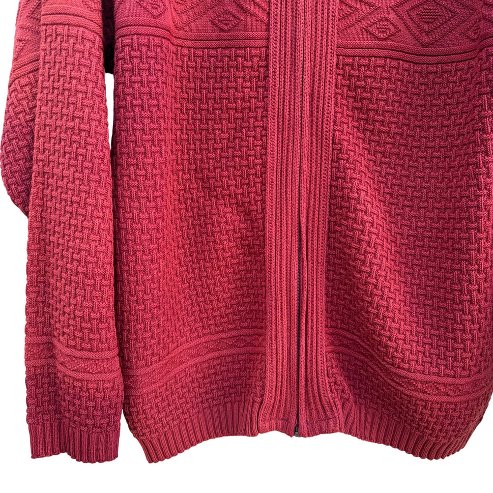 Comfort Knits Mens Red Full-Zip Basketweave Pattern Grandpa Cardigan Sweater L