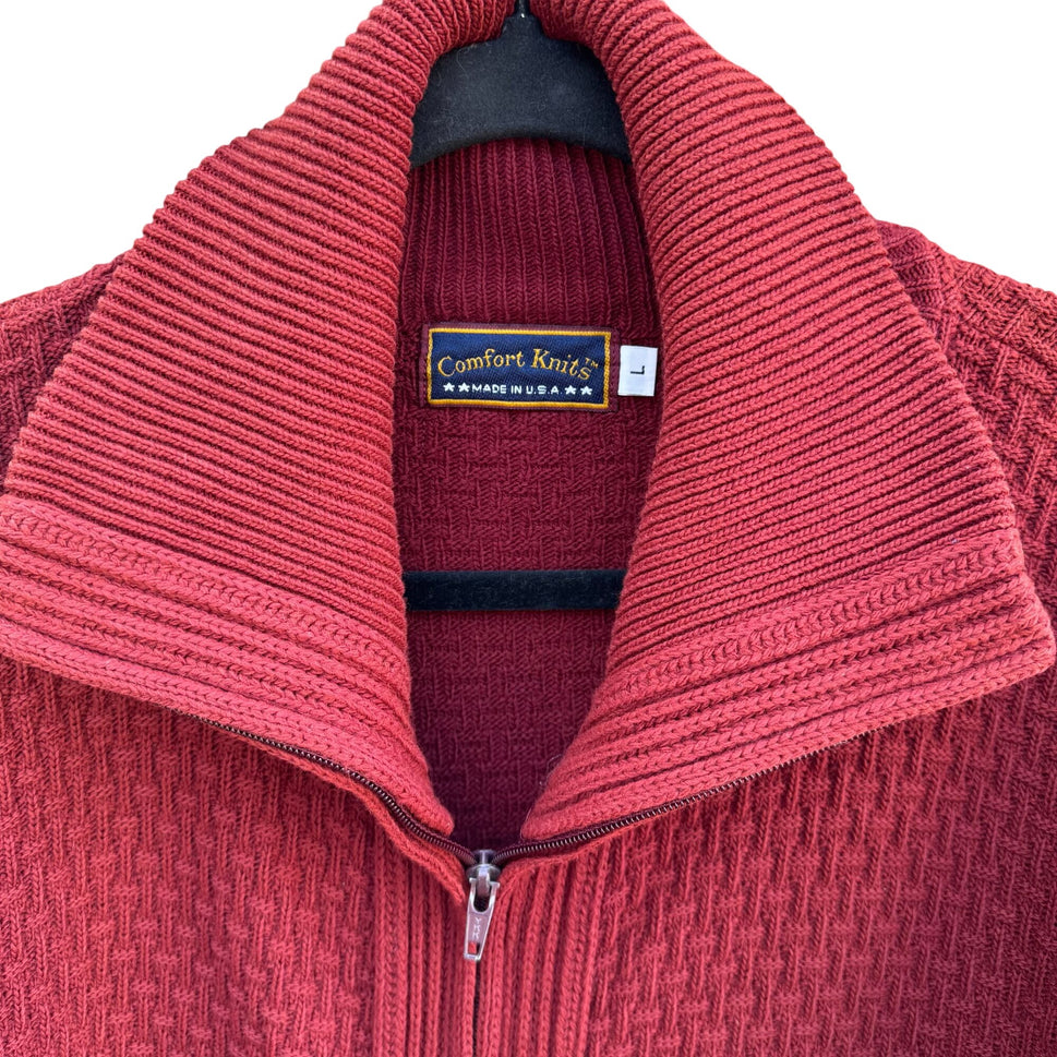 Comfort Knits Mens Red Full-Zip Basketweave Pattern Grandpa Cardigan Sweater L