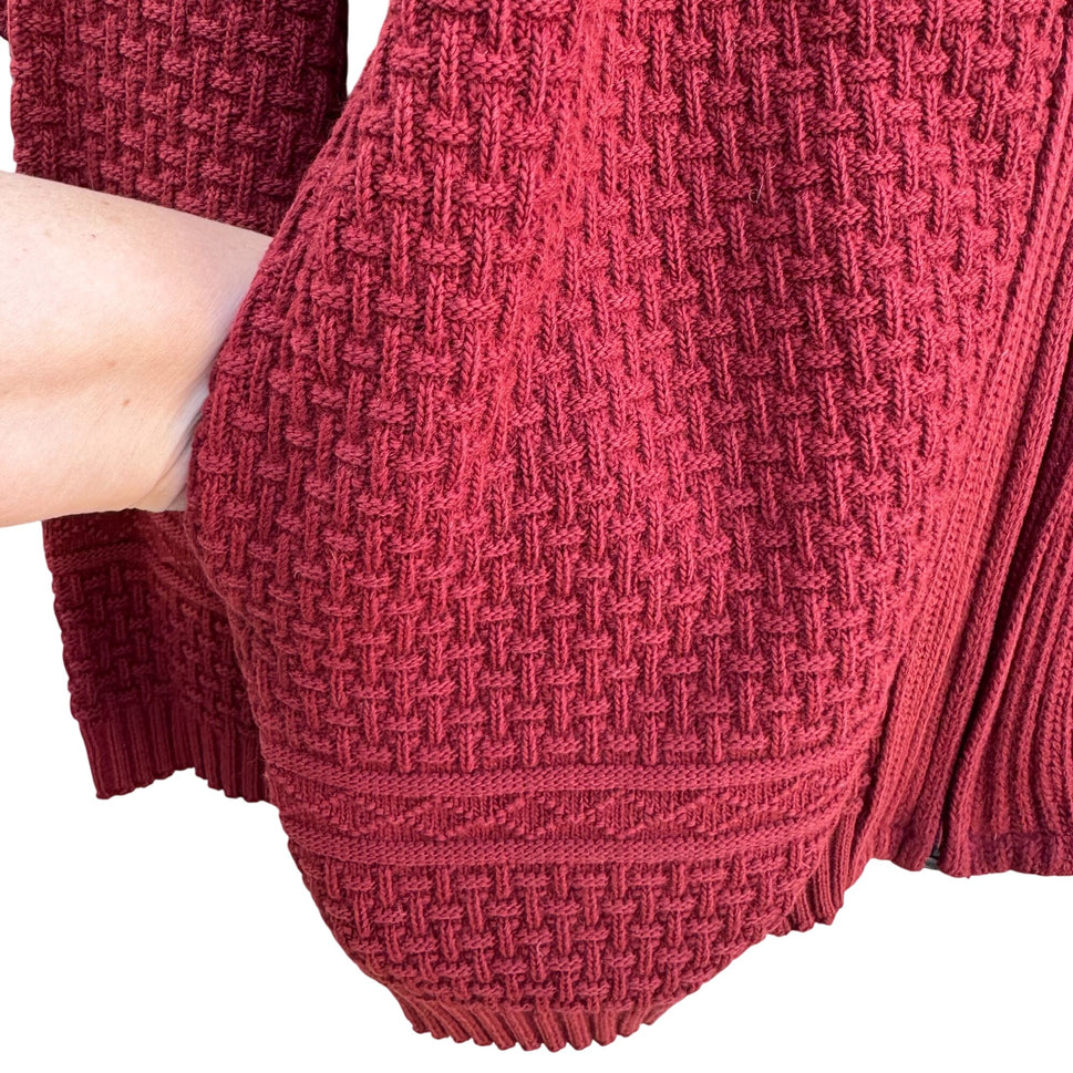 Comfort Knits Mens Red Full-Zip Basketweave Pattern Grandpa Cardigan Sweater L