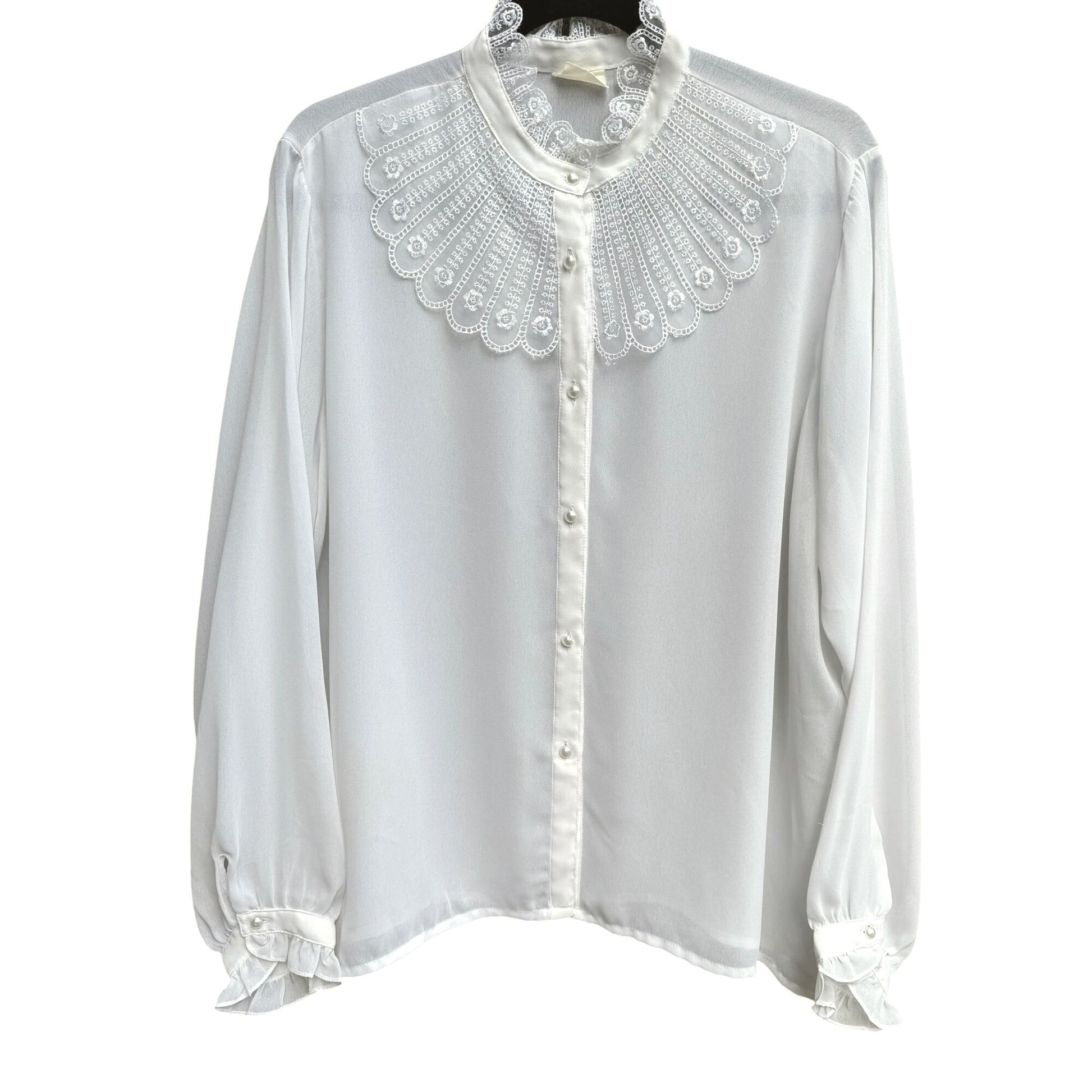 Vintage Womens Edwardian White Lace Embroidered Pearl Button High Collar Blouse