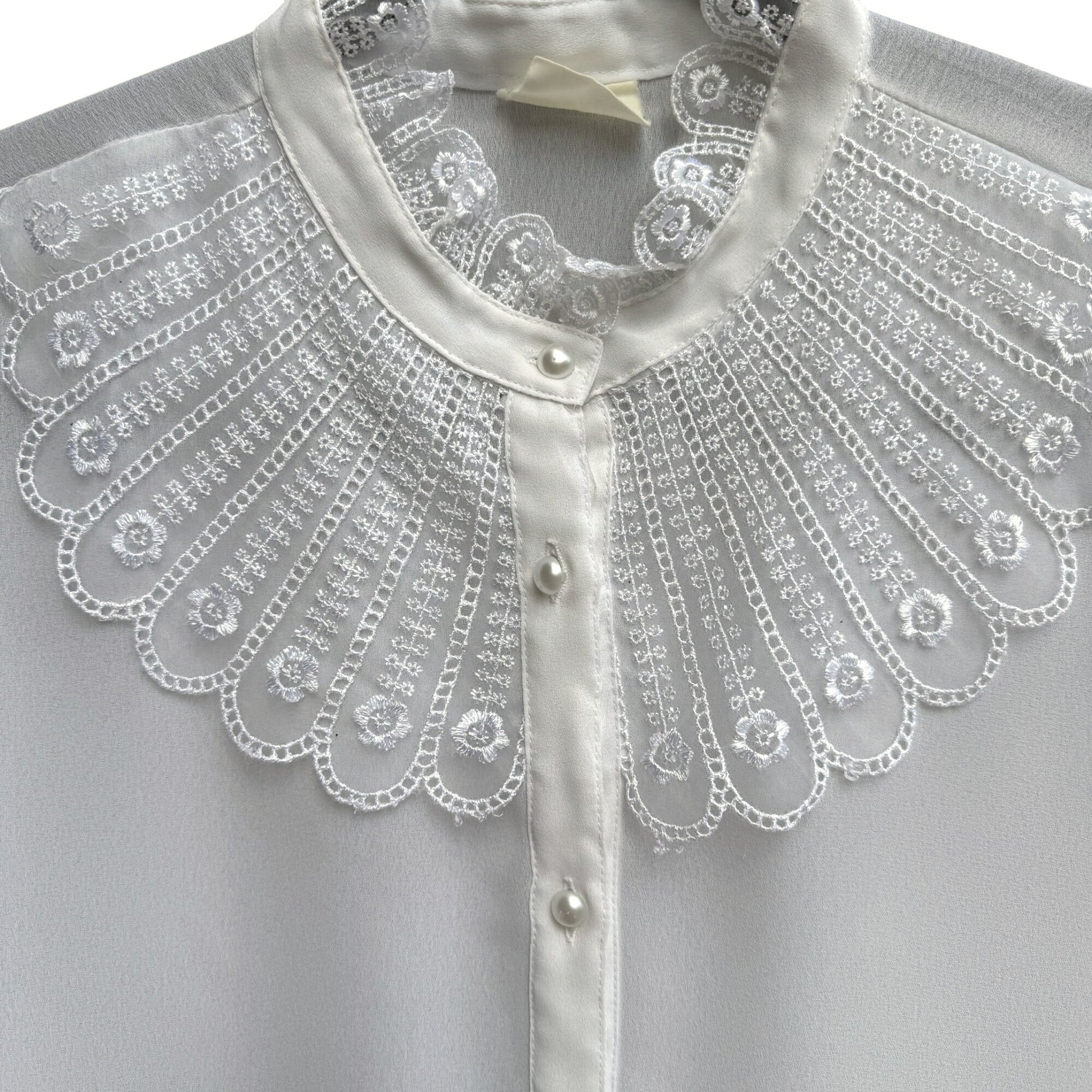 Vintage Womens Edwardian White Lace Embroidered Pearl Button High Collar Blouse