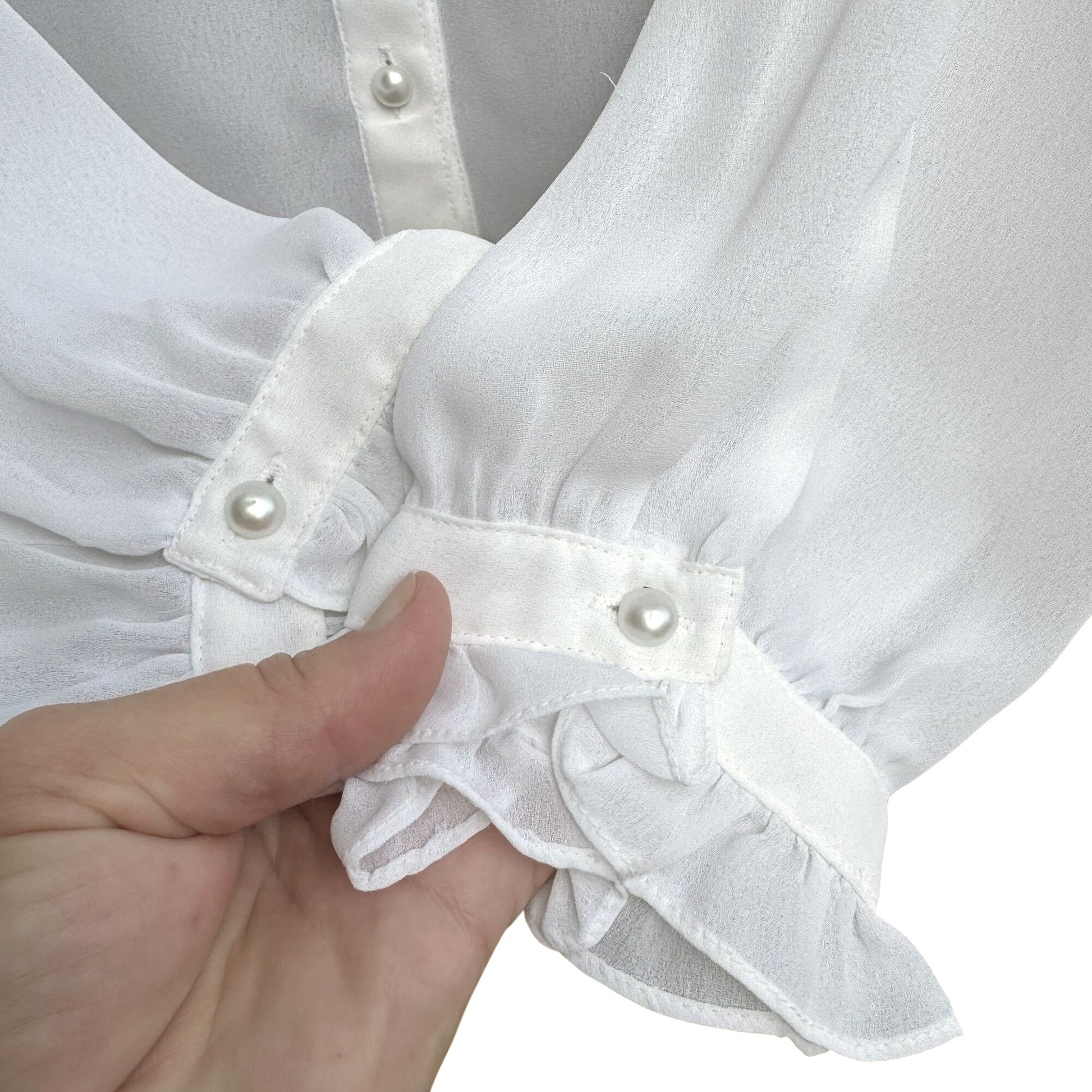 Vintage Womens Edwardian White Lace Embroidered Pearl Button High Collar Blouse