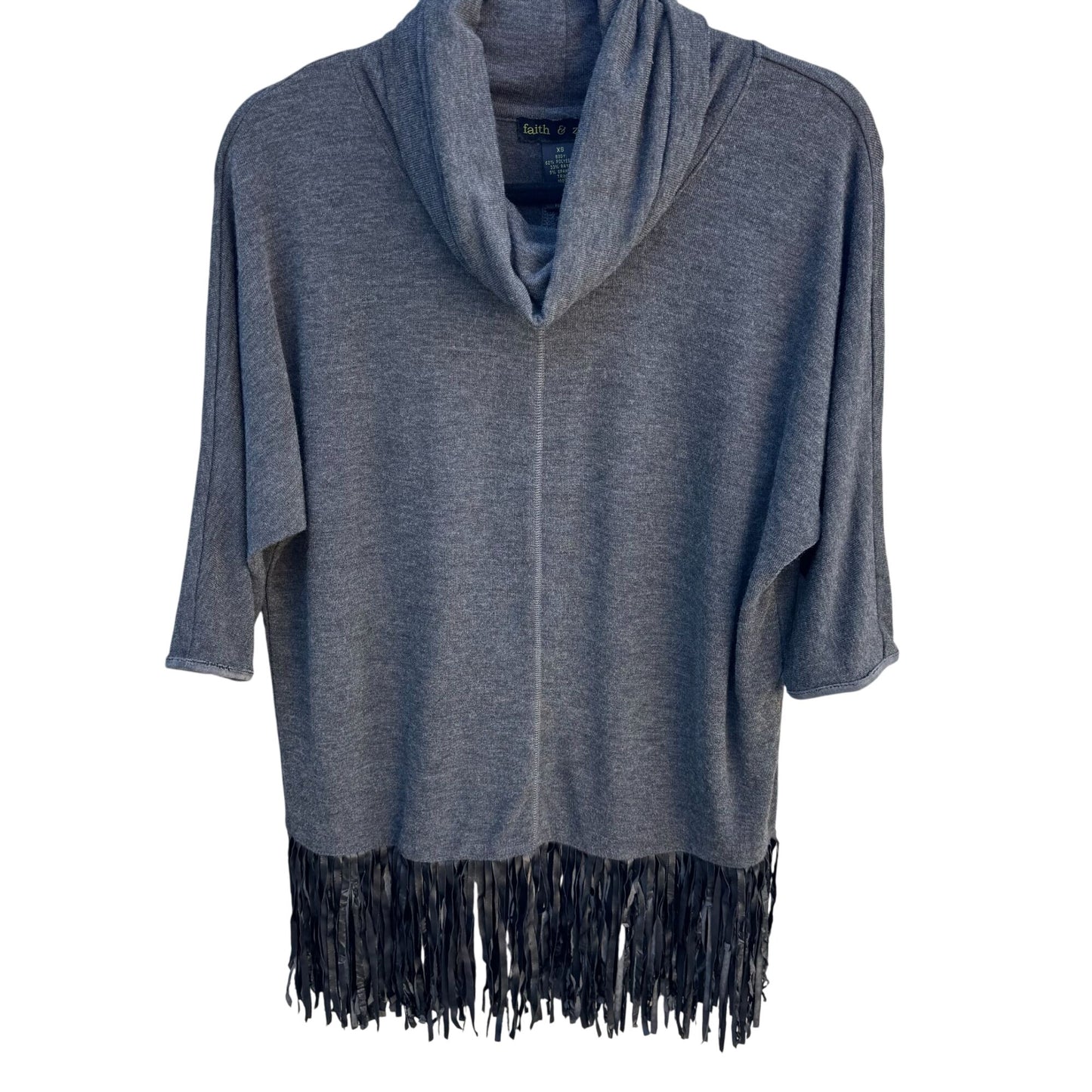 Faith & Zoe Womens Boho Gray Fringe Cowl Neck 3/4 Sleeve Knit Tunic Sweater XS
