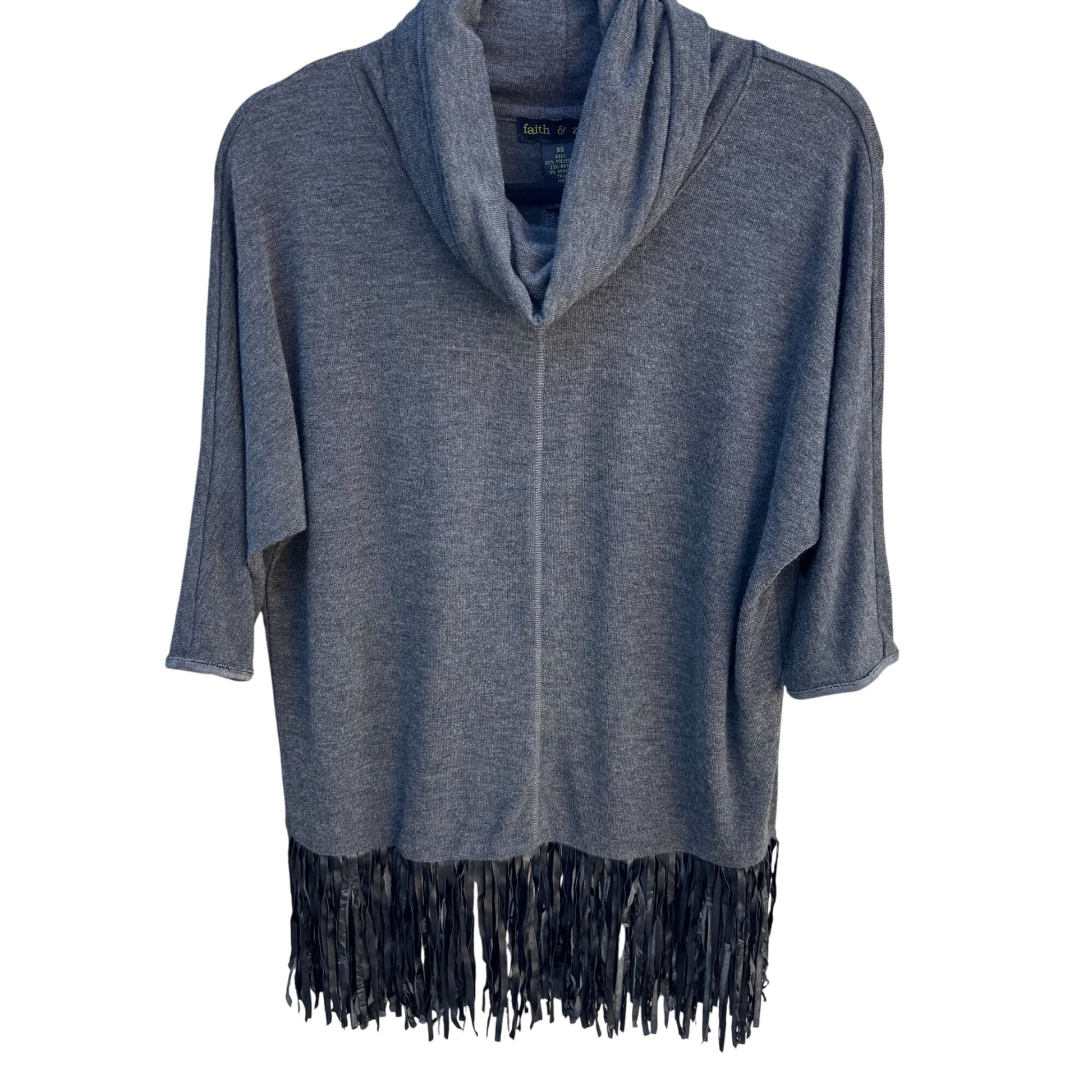 Faith & Zoe Womens Boho Gray Fringe Cowl Neck 3/4 Sleeve Knit Tunic Sweater XS