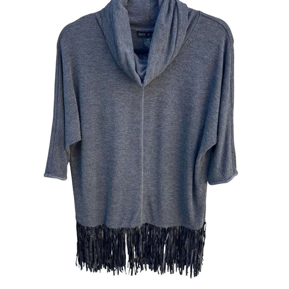 Faith & Zoe Womens Boho Gray Fringe Cowl Neck 3/4 Sleeve Knit Tunic Sweater XS